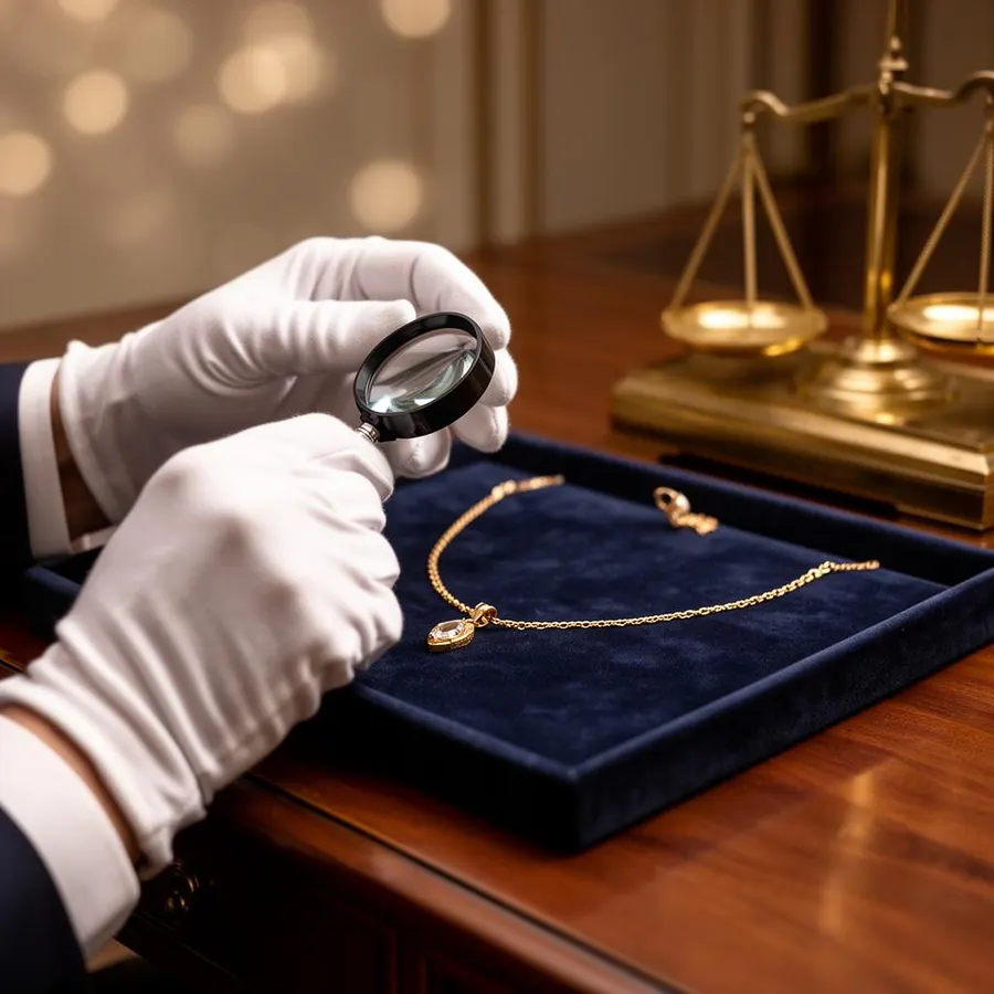 Taxateur beoordeelt gouden ketting met loep en weegschaal voor klant uit Maastricht